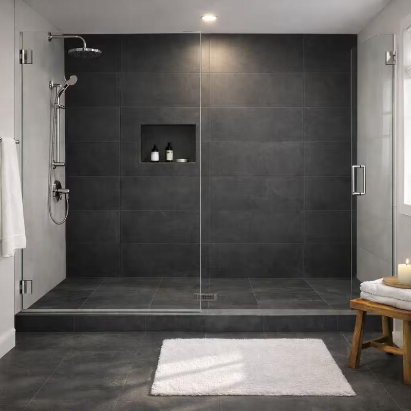 Guest bathroom tub to shower remodel with large-format porcelain tile walls in matte charcoal gray done by western renovations