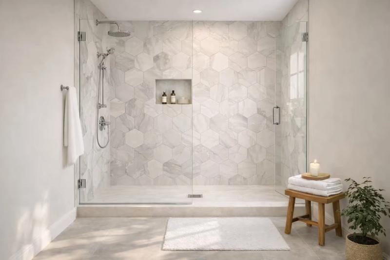 ADA compliant curbless shower for guest bathroom remodel in roseville by western renovations