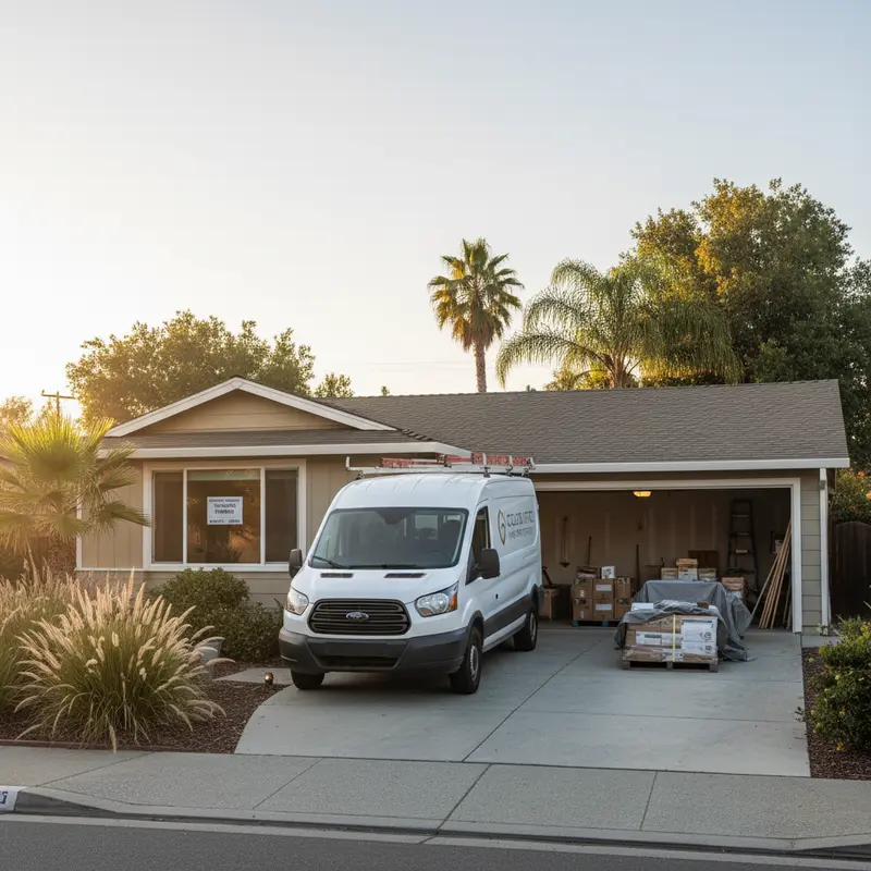 Sacramento area ranch home with contractor van and permit placard ready for bathroom remodel construction start