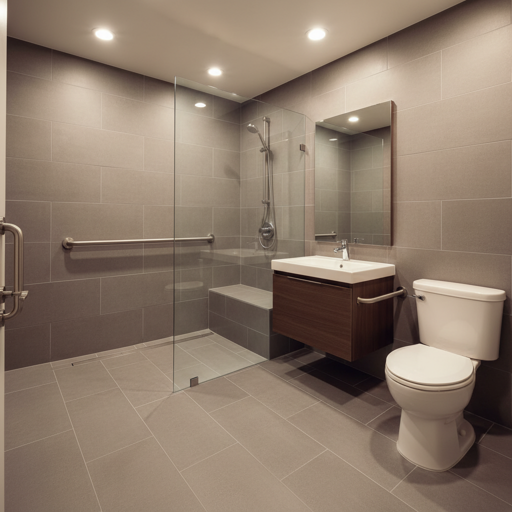 Completed ADA-accessible bathroom with curbless walk-in shower, linear drain, built-in bench, grab bars, and comfort-height toilet — Western Renovations Roseville CA