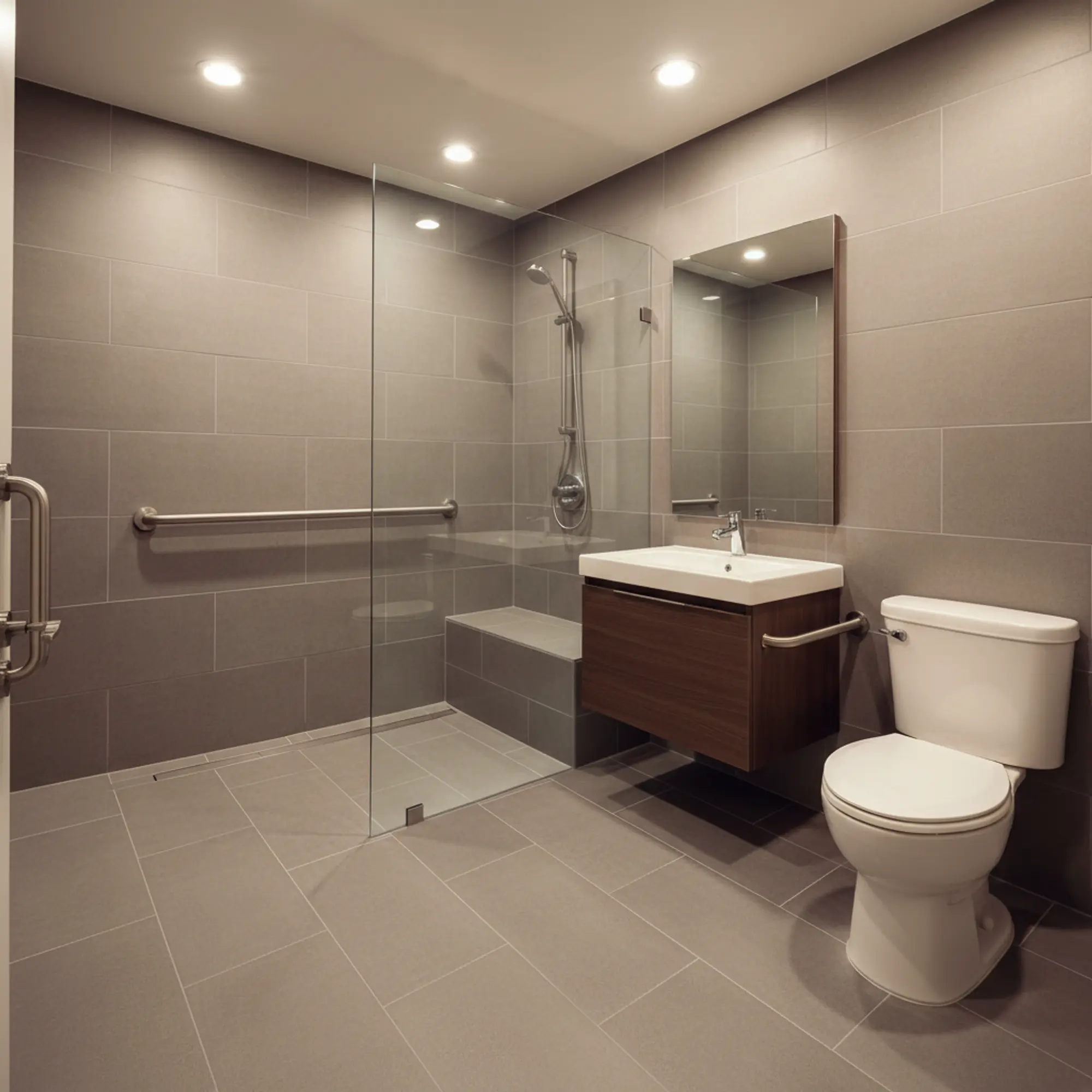 Completed ADA-accessible bathroom with curbless walk-in shower, linear drain, built-in bench, grab bars, and comfort-height toilet — Western Renovations Roseville CA