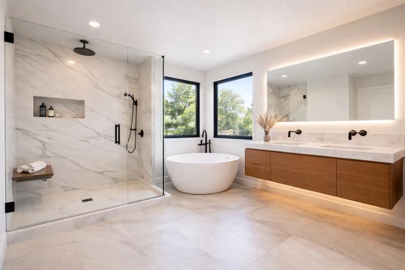 Luxury master bathroom remodel in Roseville CA by Western Renovations featuring marble-look tile, frameless glass shower, and floating oak vanity.