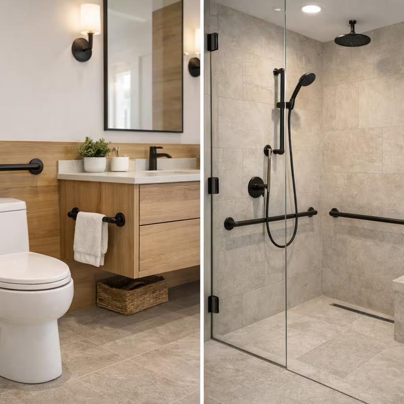 Discreet grab bars for accessible bathroom safety in Roseville, California homes done by western renovations