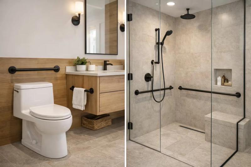 Discreet grab bars for accessible bathroom safety in Roseville, California homes done by western renovations