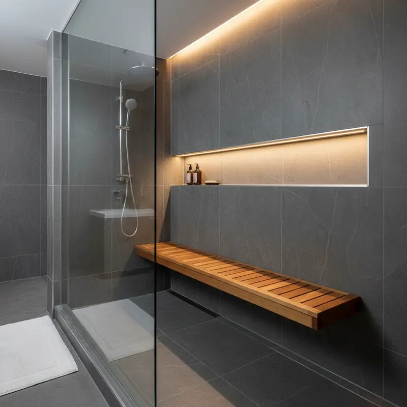 Curbless walk-in shower with teak bench and chrome fixtures