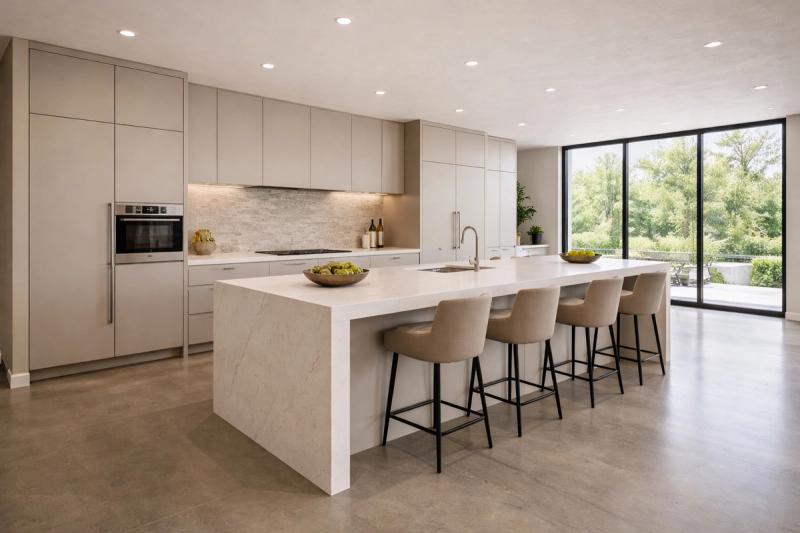 Contemporary luxury kitchen renovation in Roseville California with oversized island by Western Renovations