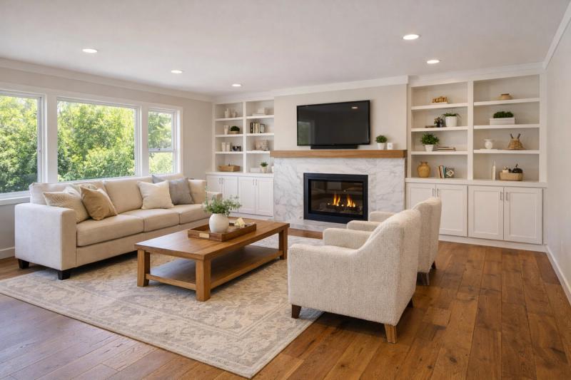 Renovated living room with modern fireplace, built-in shelving, and wide-plank hardwood floors by Western Renovations in Roseville, CA