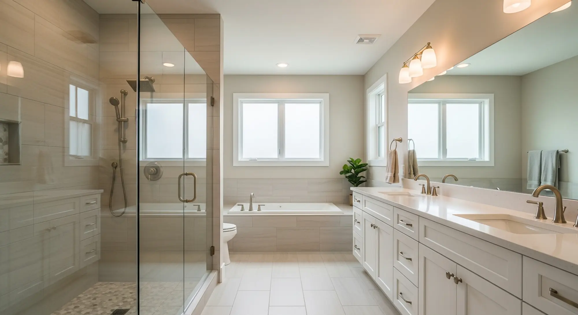 Modern bathroom remodel with frameless glass walk-in shower and freestanding vanity in a Sacramento home