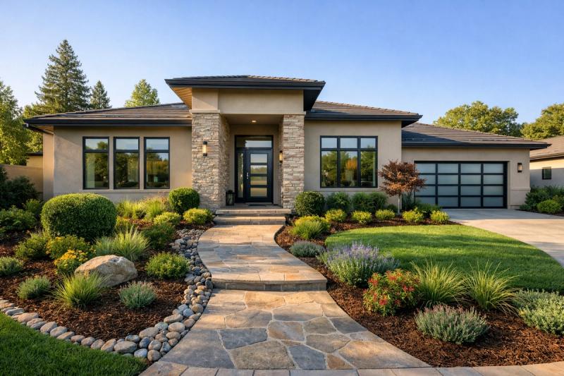 Exterior view of a renovated light colored modern home in Roseville, California with fresh paint and landscaping by Western Renovations.