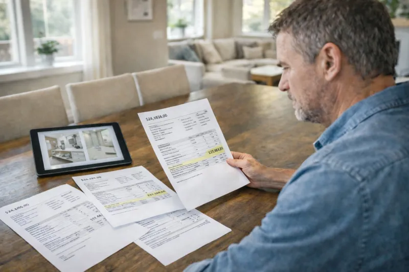 Roseville homeowner comparing detailed bathroom remodeling estimates to avoid low contractor bids and hidden costs