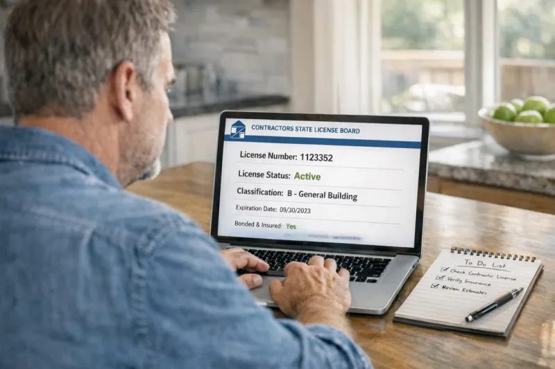 Roseville homeowner verifying California contractor license on CSLB website before hiring bathroom remodel contractor – Western Renovations guide