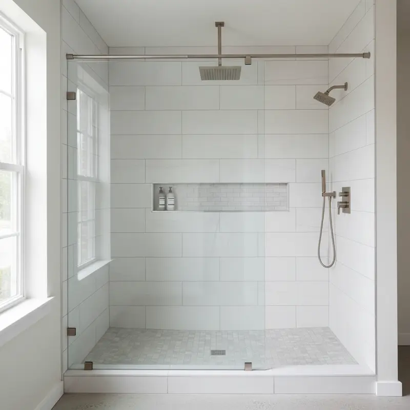 Walk-in shower conversion with frameless glass enclosure and modern tile in a Sacramento bathroom renovation