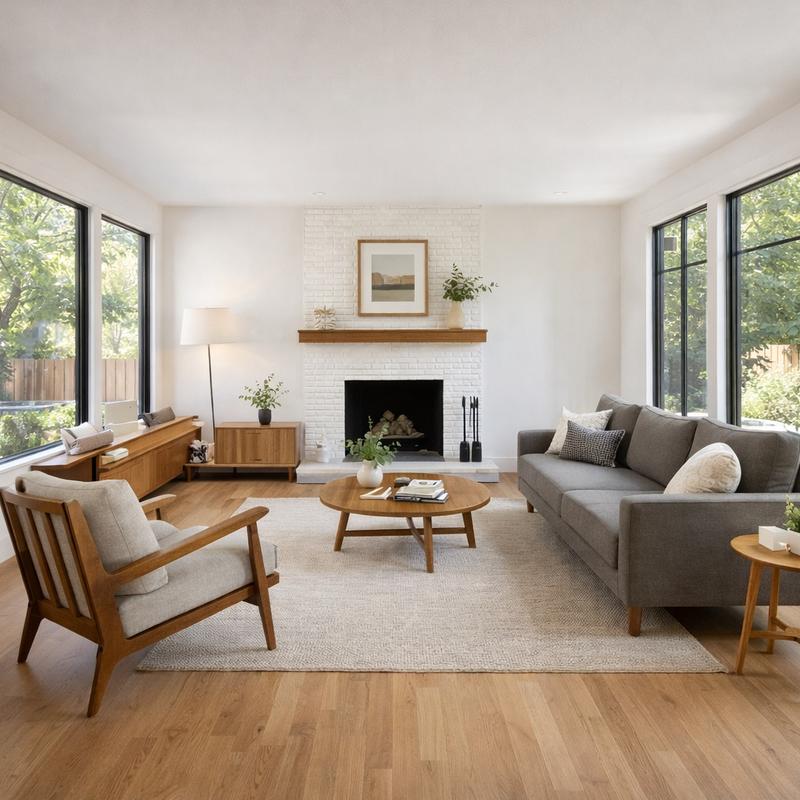 Renovated living room in a Roseville home with open concept, hardwood floors, built-in shelving, modern fireplace, large windows with natural light, neutral colors and elegant furniture.