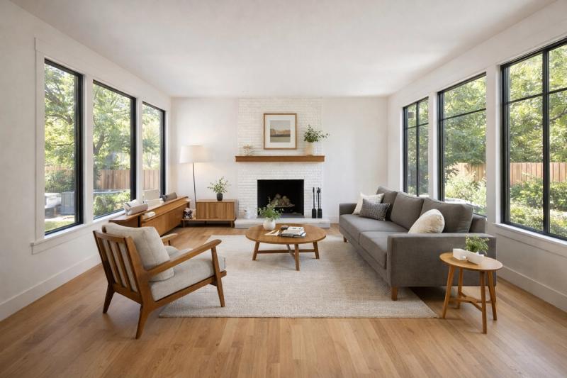 Remodeled living room in a Roseville home with open concept, hardwood floors, built-in shelving, modern fireplace, large windows with natural light, neutral colors and elegant furniture.