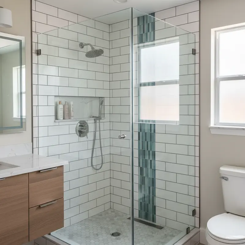 Completed corner shower installation in a Sacramento home bathroom renovation by Western Renovations