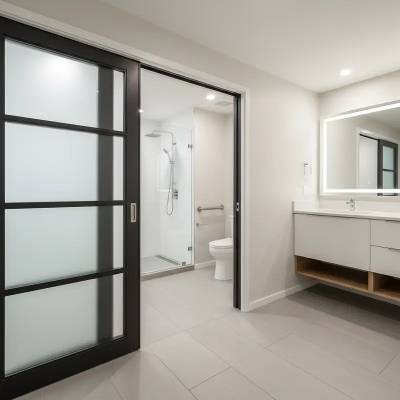 Wide 36-inch ADA-accessible bathroom doorway with pocket door showing curbless shower and continuous tile floor — wheelchair accessible entry