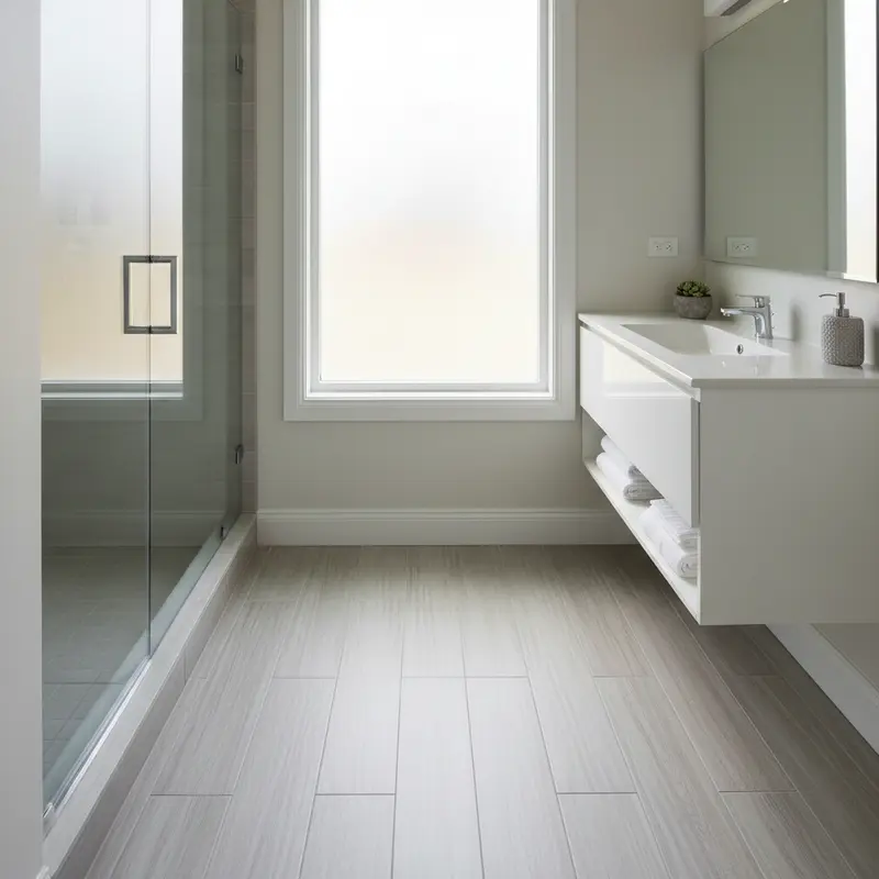 Large format porcelain tile bathroom flooring in a modern Sacramento home renovation