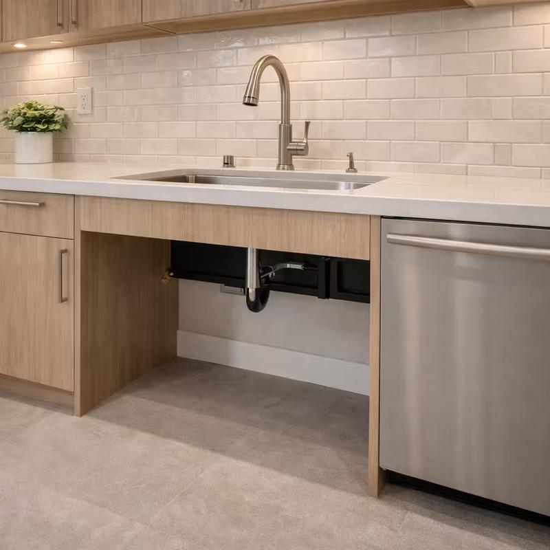 ADA accessible kitchen with open knee space under sink in Roseville, California renovation done by western renovations