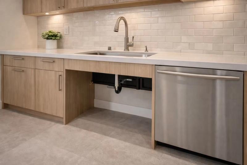 ADA accessible kitchen with open knee space under sink in Roseville, California renovation done by western renovations