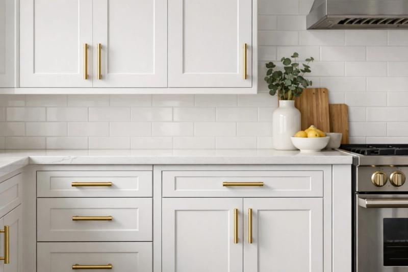 White shaker-style kitchen cabinets with brushed brass hardware installed by Western Renovations in Roseville, CA