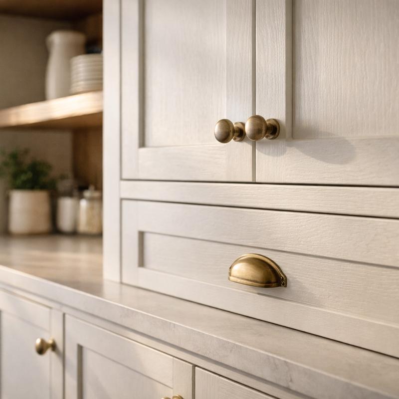 Close-up of modern kitchen cabinets and brushed metal hardware in Roseville by Western Renovations.