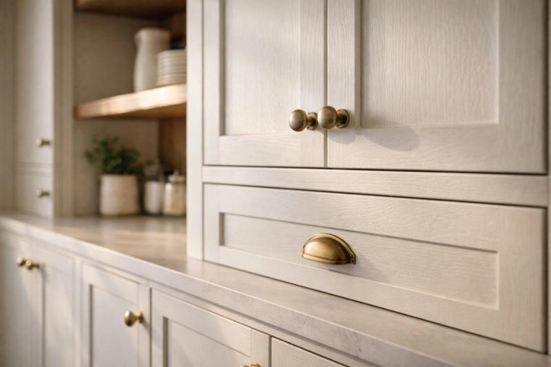 Close-up of modern kitchen cabinets and brushed metal hardware in Roseville by Western Renovations.