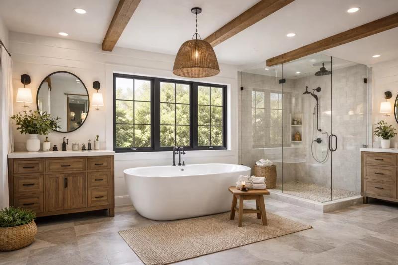 Luxury master bathroom remodel with freestanding tub and walk-in shower in Roseville California
