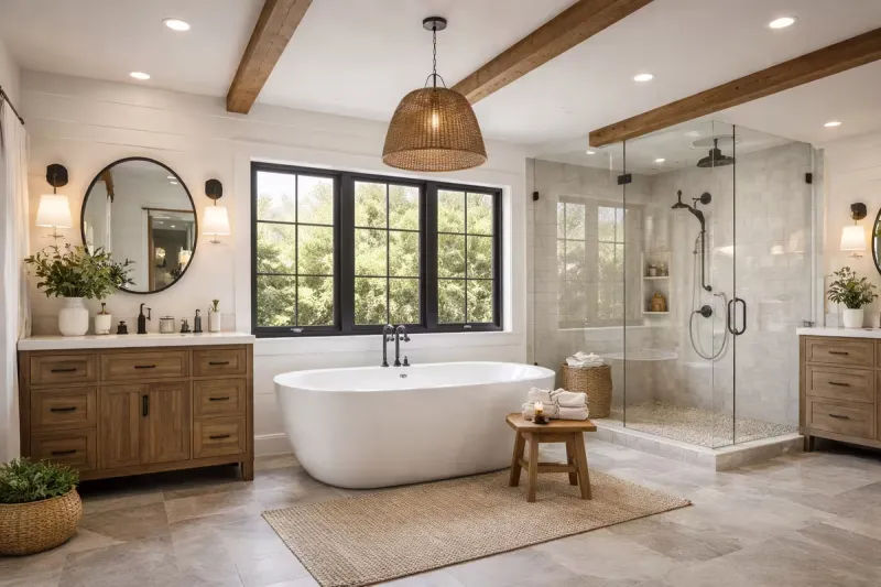 Luxury master bathroom remodel in Roseville with spa-style soaking tub, custom tile shower, and high-end finishes by Western Renovations.