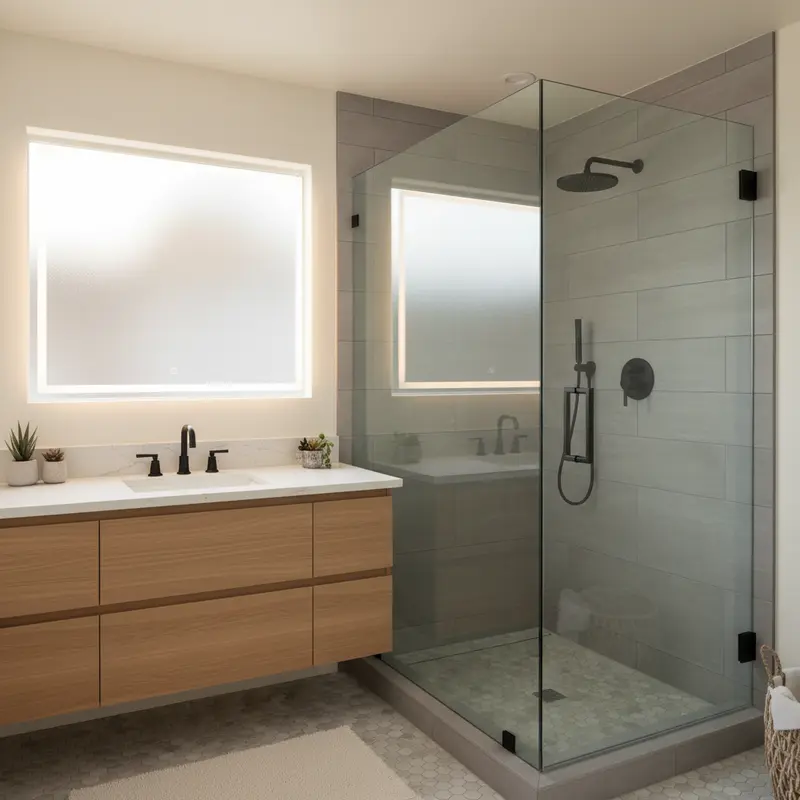 Completed bathroom remodel in Sacramento area home with modern gray tile shower frameless glass and floating vanity