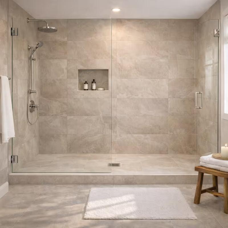 Guest bathroom tub to shower conversion remodel with large-format porcelain tile walls in warm light beige