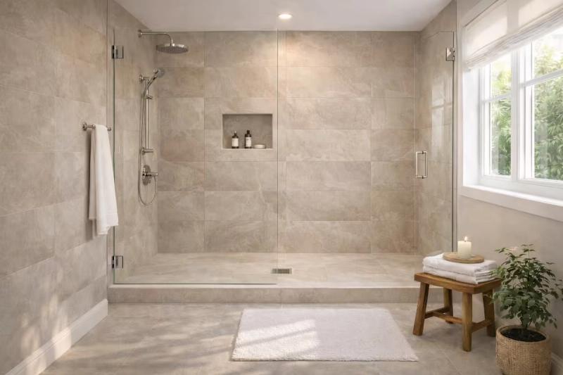 Guest bathroom tub to shower conversion remodel with large-format porcelain tile walls in warm light beige