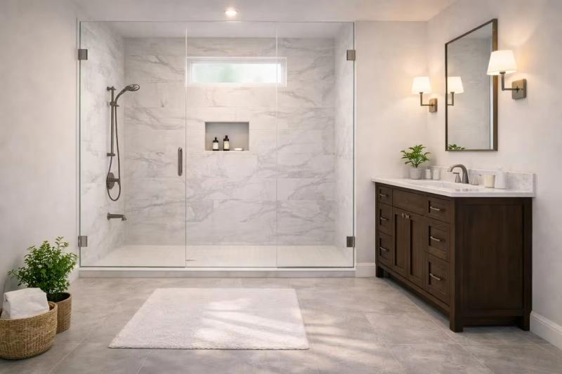 High-end guest bathroom remodel with marble-look tile and glass doors tub to shower conversion remodel done by western renovations