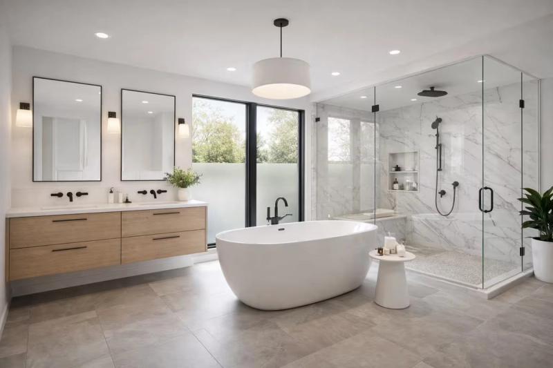 High-end master bathroom renovation featuring custom vanity in Sacramento California