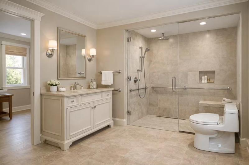 Traditional aging-in-place bathroom remodel with accessible shower and safety features in Roseville, California done by western renovations