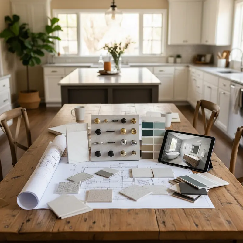 Bathroom remodel design planning materials including blueprints tile samples and 3D rendering on a consultation table