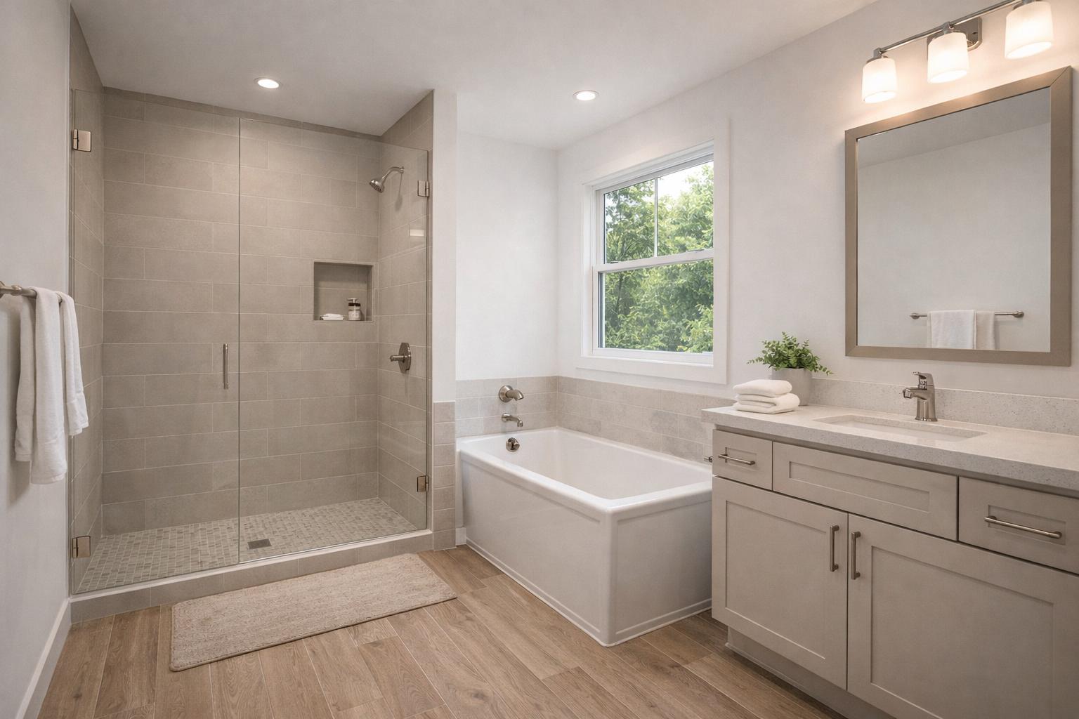 Bathroom remodel by Western Renovations featuring 12x24 matte gray porcelain tile shower with frameless glass door, alcove soaking tub, beige shaker vanity, and wood-look porcelain flooring in Roseville, CA.
