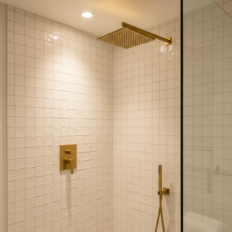 Handcrafted Zellige tile shower walls with organic texture and warm glazed finish in Sacramento California bathroom renovation