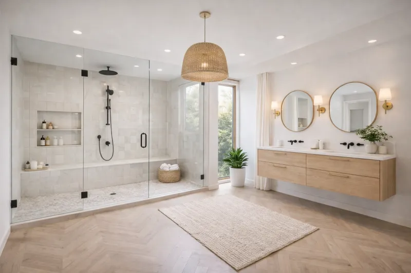 Scandinavian-style bathroom renovation in Roseville California with light wood vanity, frameless glass shower, with warm tone floors and bright natural daylight by Western Renovations.
