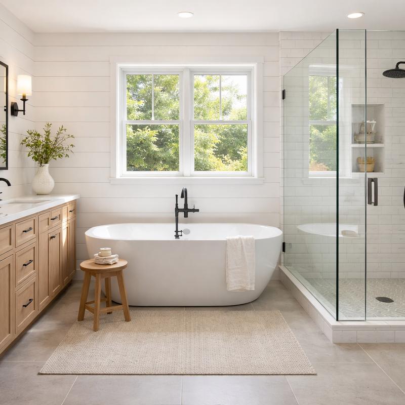 Renovated spa-style master bathroom in Roseville with freestanding tub and glass shower by Western Renovations.