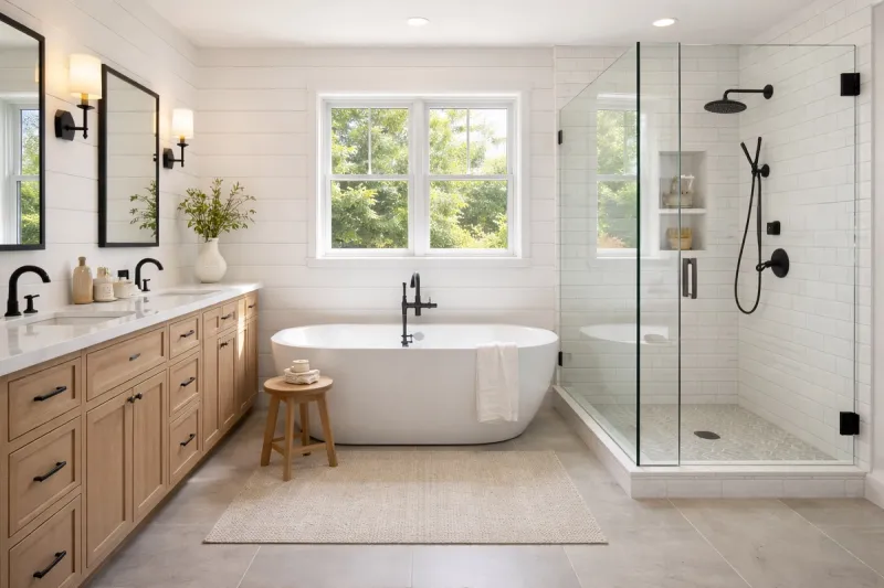 Modern farmhouse bathroom remodel in Roseville CA by Western Renovations featuring freestanding tub, black matte fixtures, shiplap walls, and walk-in glass shower.