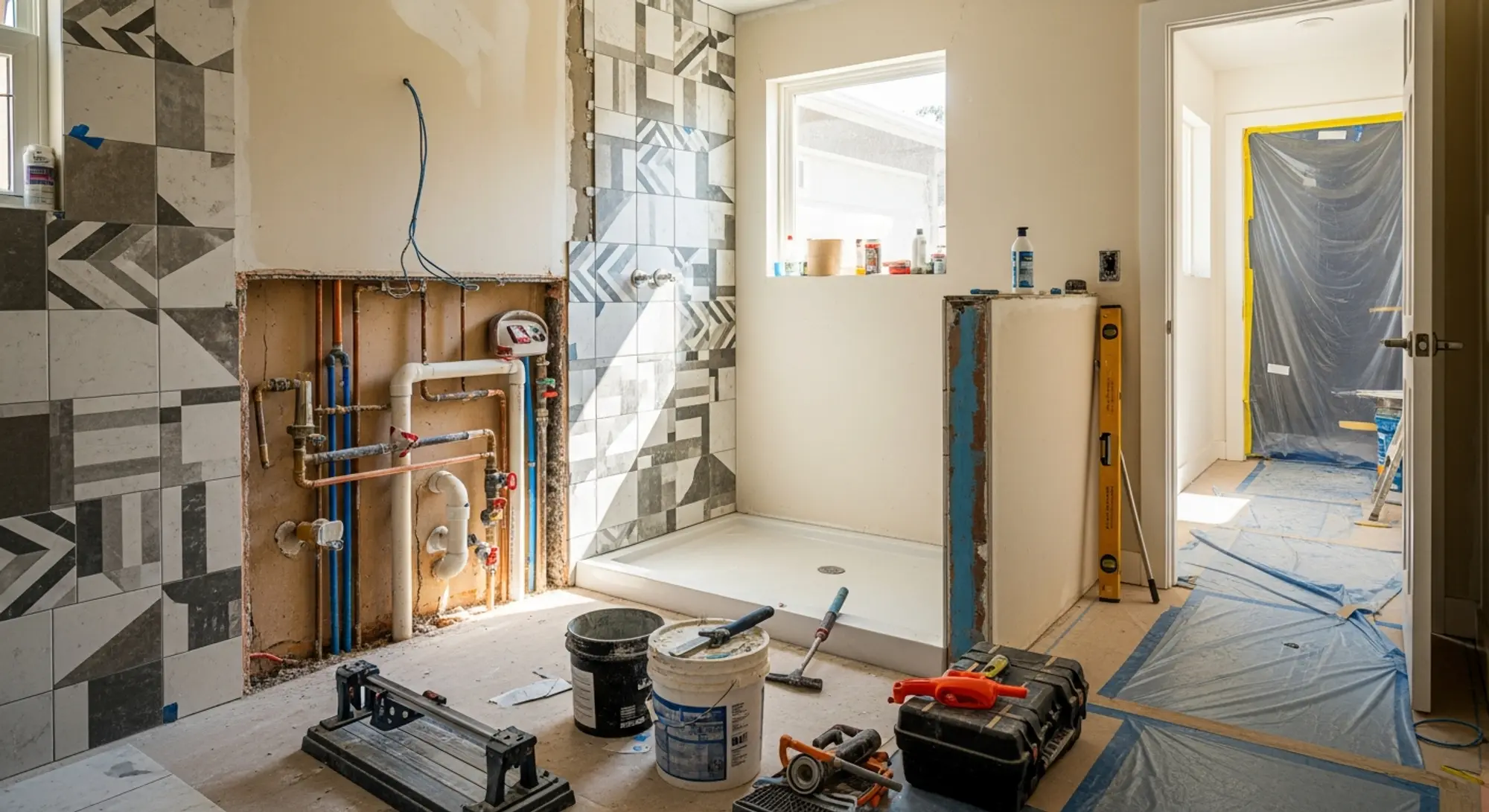 Mid-renovation bathroom showing active construction progress with partial tile installation and exposed plumbing in a Sacramento area home
