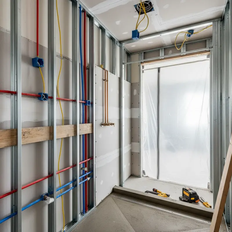 Bathroom rough-in construction phase with new plumbing lines electrical wiring and cement backer board on shower walls