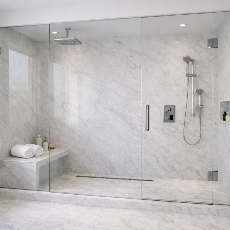 Luxury master bathroom shower with Carrara marble walls and frameless glass in Roseville California