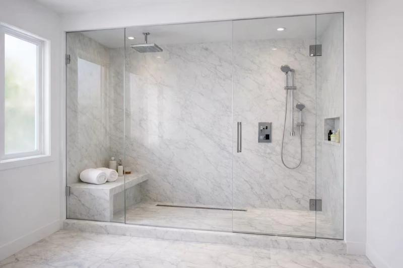 Luxury master bathroom shower with Carrara marble walls and frameless glass in Roseville California