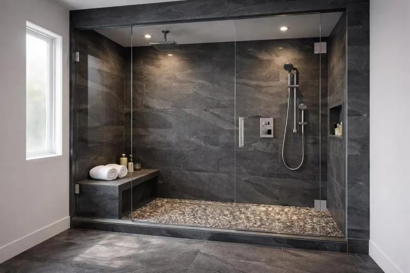 Master suite shower with natural slate stone walls and pebble floor in Roseville California