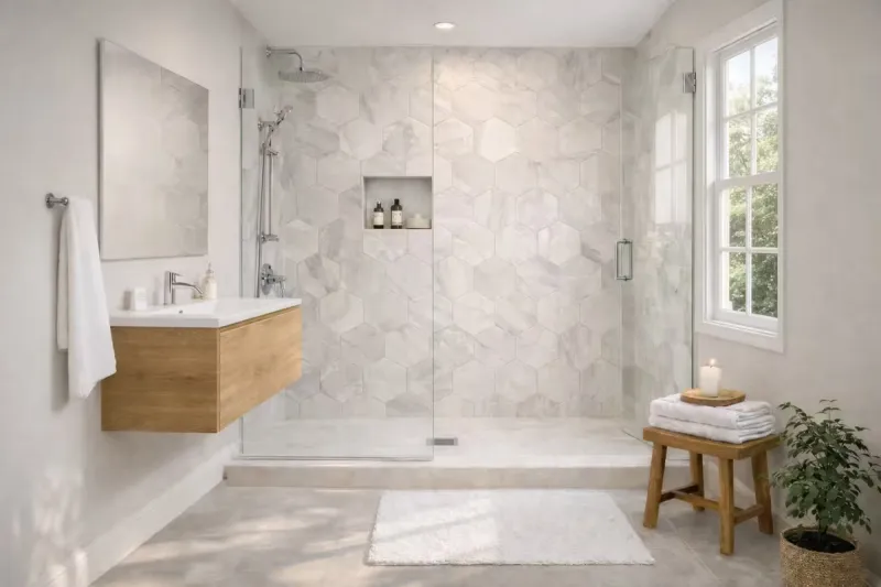 Modern minimalist guest bathroom remodel in Roseville CA by Western Renovations featuring large-format porcelain tile walk-in shower, frameless glass panel, floating oak vanity, and LED shower niche.