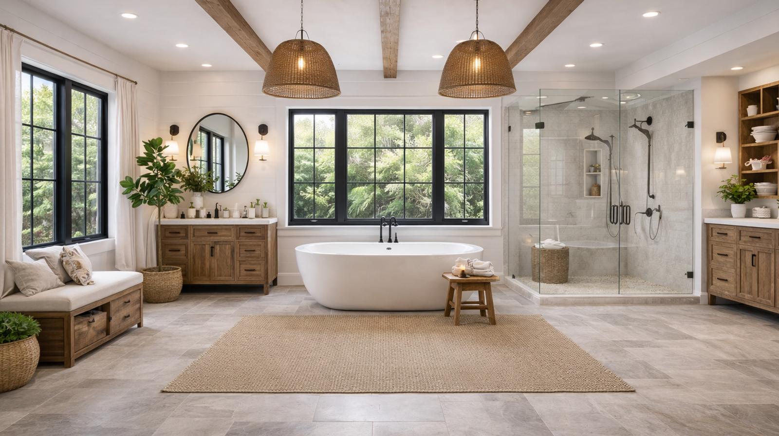 Luxurious master bathroom renovation in Roseville featuring walk-in shower, freestanding tub, and custom vanity