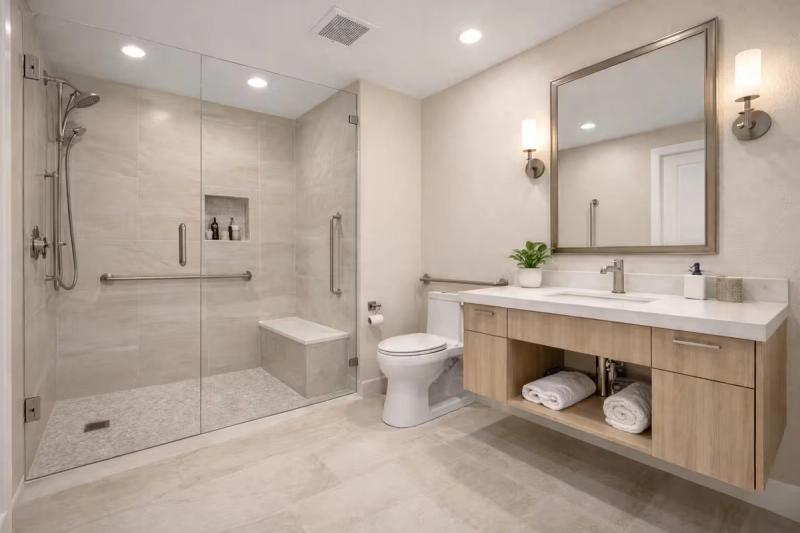 ADA accessible bathroom remodel with curbless shower in Roseville, California done by western renovations