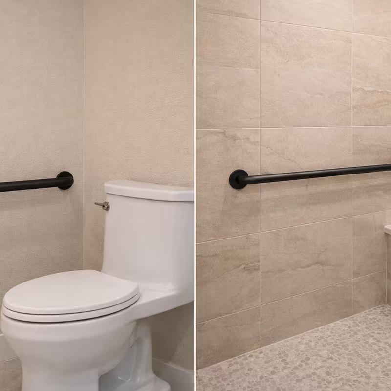 ADA grab bars installed during a remodel in residential bathroom for safety in Roseville, California home remodel by western renovations