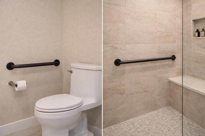 ADA grab bars installed during a remodel in residential bathroom for safety in Roseville, California home remodel by western renovations